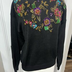 vintage Embroidered Black Sweater with Floral Accents + beautiful beadwork.